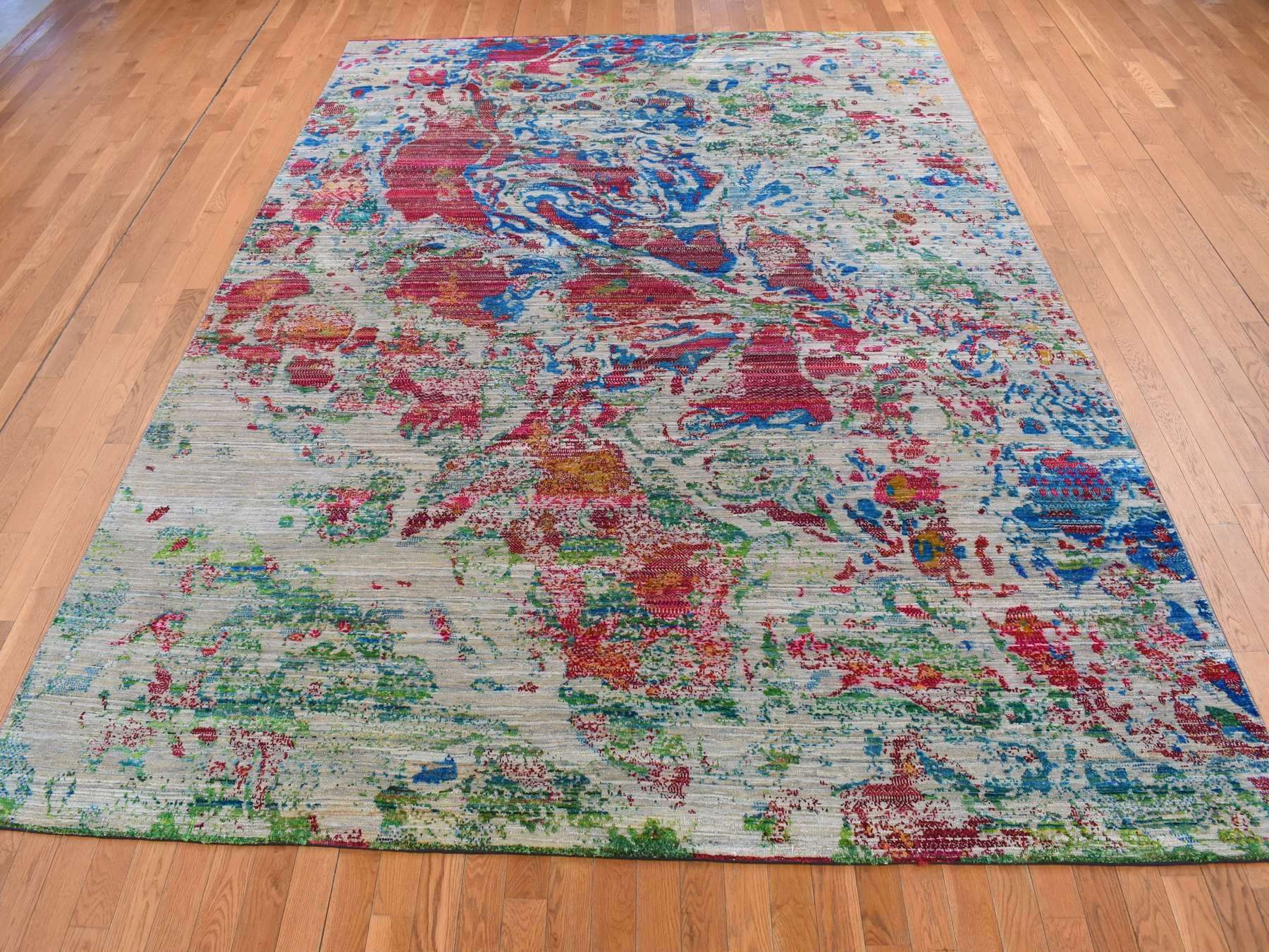 Modern / Contemporary hand-knotted wool/silk rug in Gray, 8'10" x 12'2" — SKU O087140 (view 2)