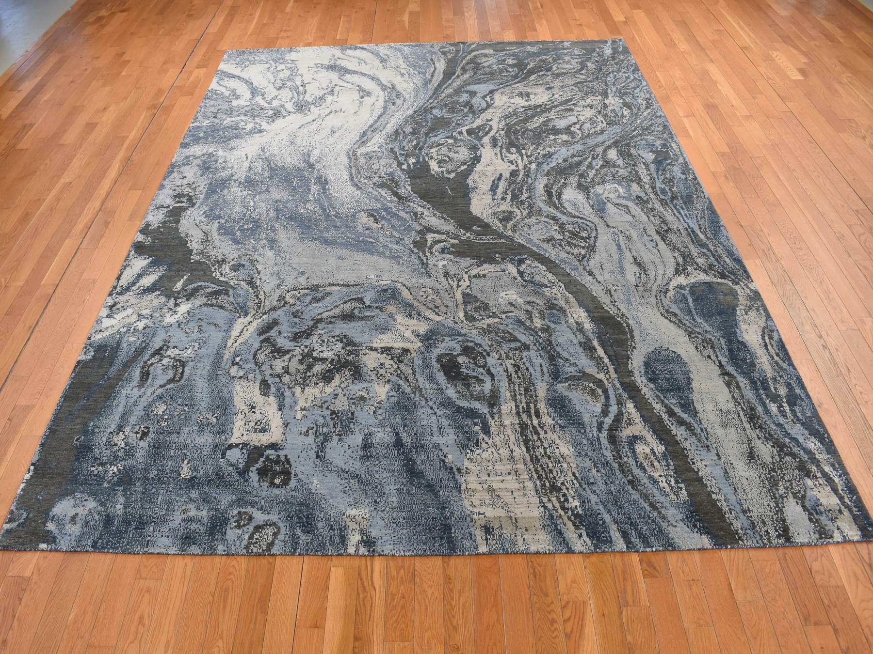 Modern / Contemporary hand-knotted wool/silk rug in Blue, 9' x 12'1" — SKU O087146 (view 2)