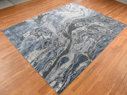 Blue 9'0" x 12'1" Modern and Contemporary Hand knotted Wool/Silk Rug - Sku: O087146
