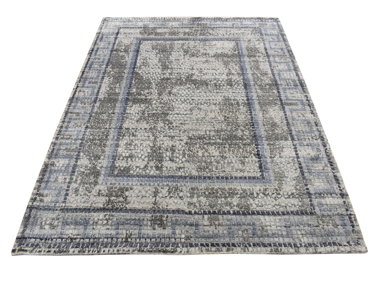 Modern / Contemporary hand-knotted wool/silk rug in Gray & Blue, 5'2" x 6'10" — SKU O087177
