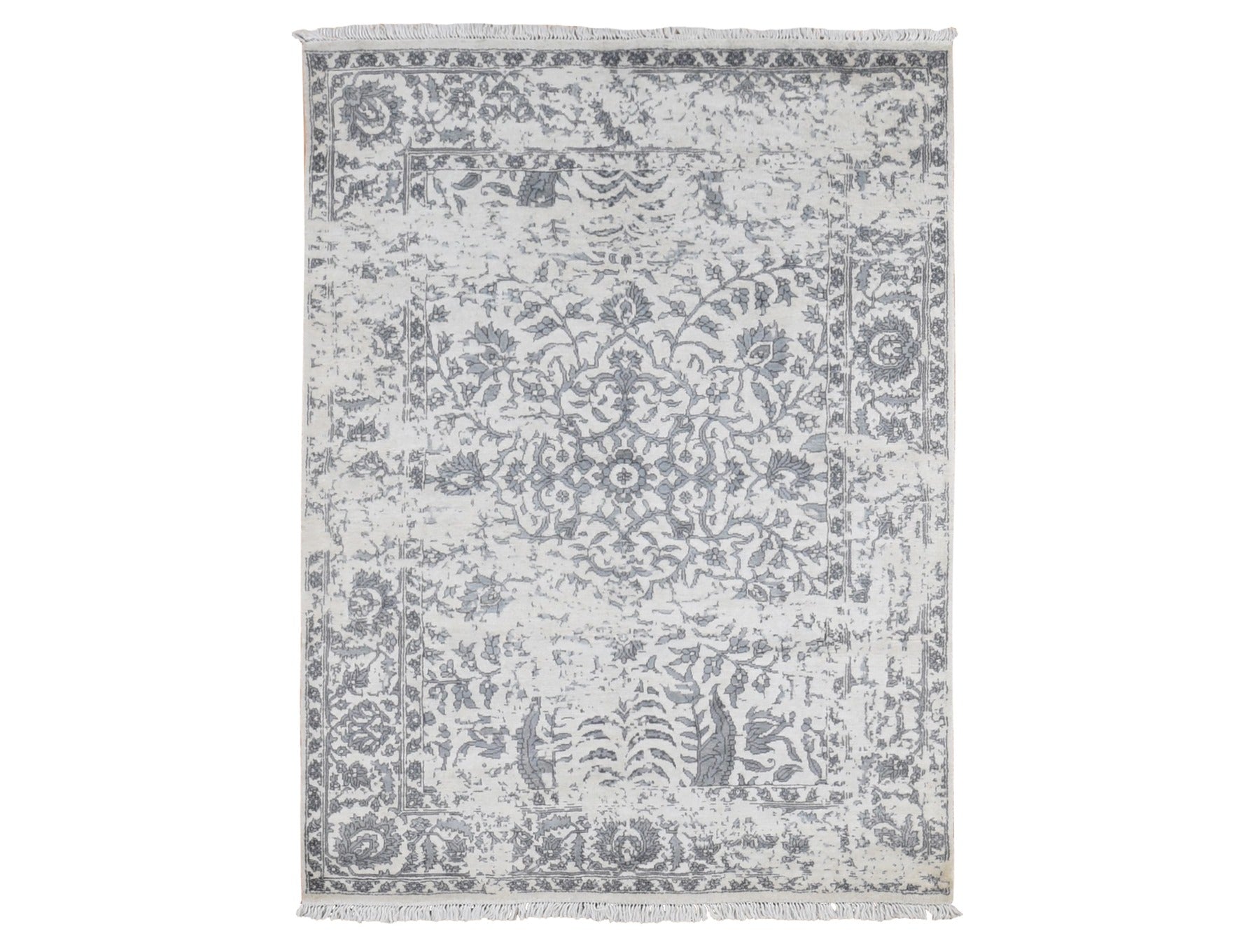 Transitional hand-knotted silk rug in Ivory, 5'2" x 7' — SKU O087191