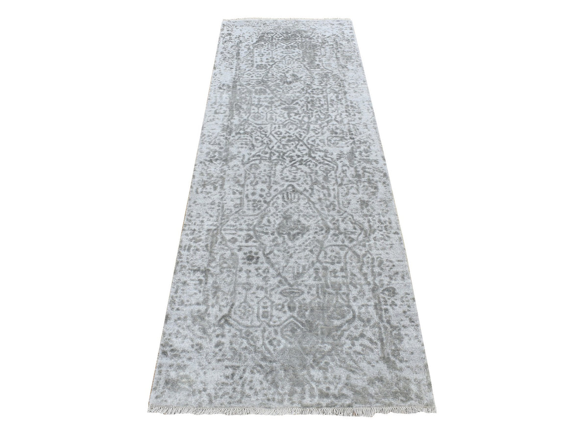 Transitional hand-knotted wool/silk runner in Gray, 2'7" x 8' — SKU O087203