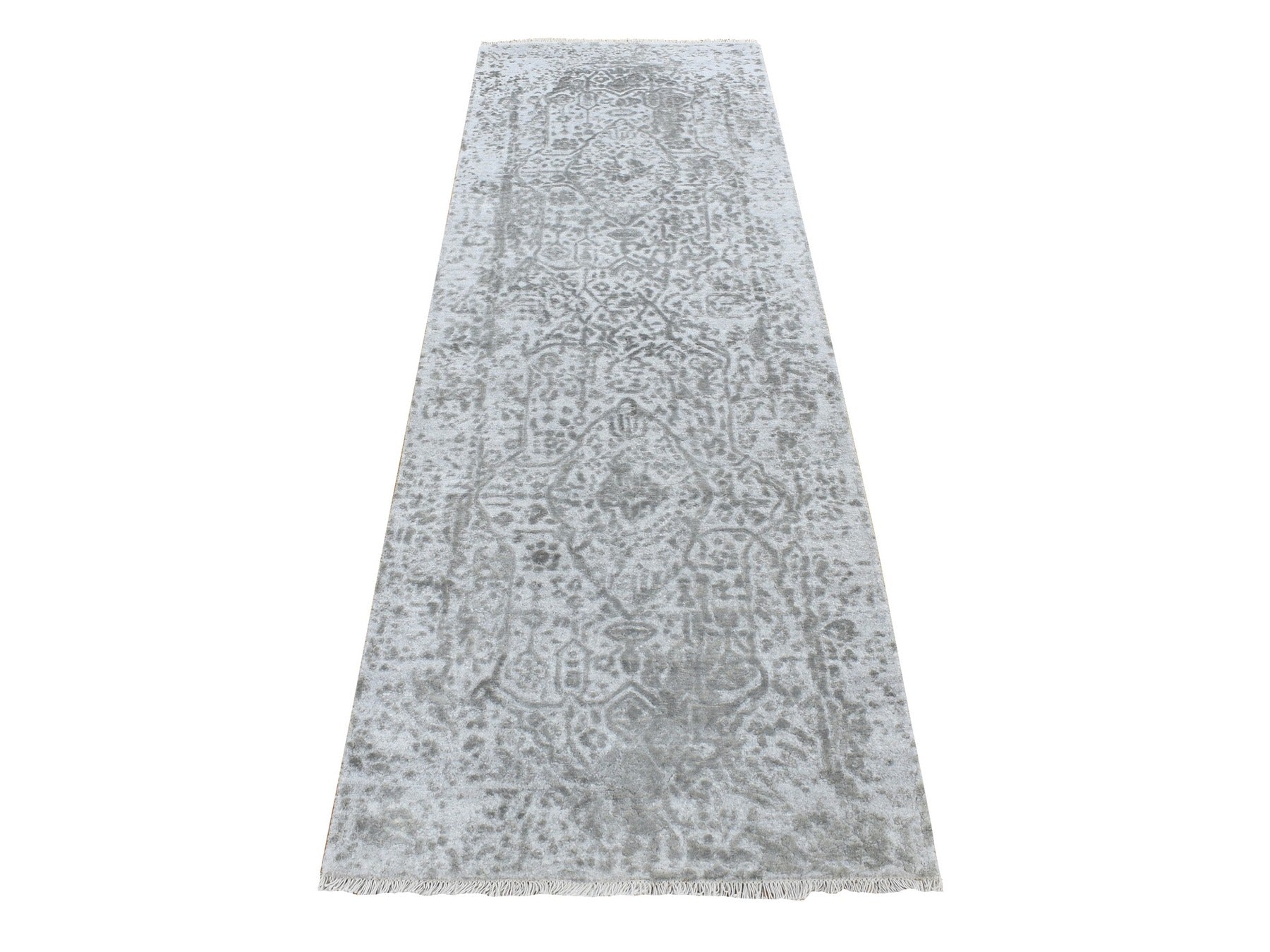 Transitional hand-knotted wool/silk runner in Gray, 2'7" x 8' — SKU O087203