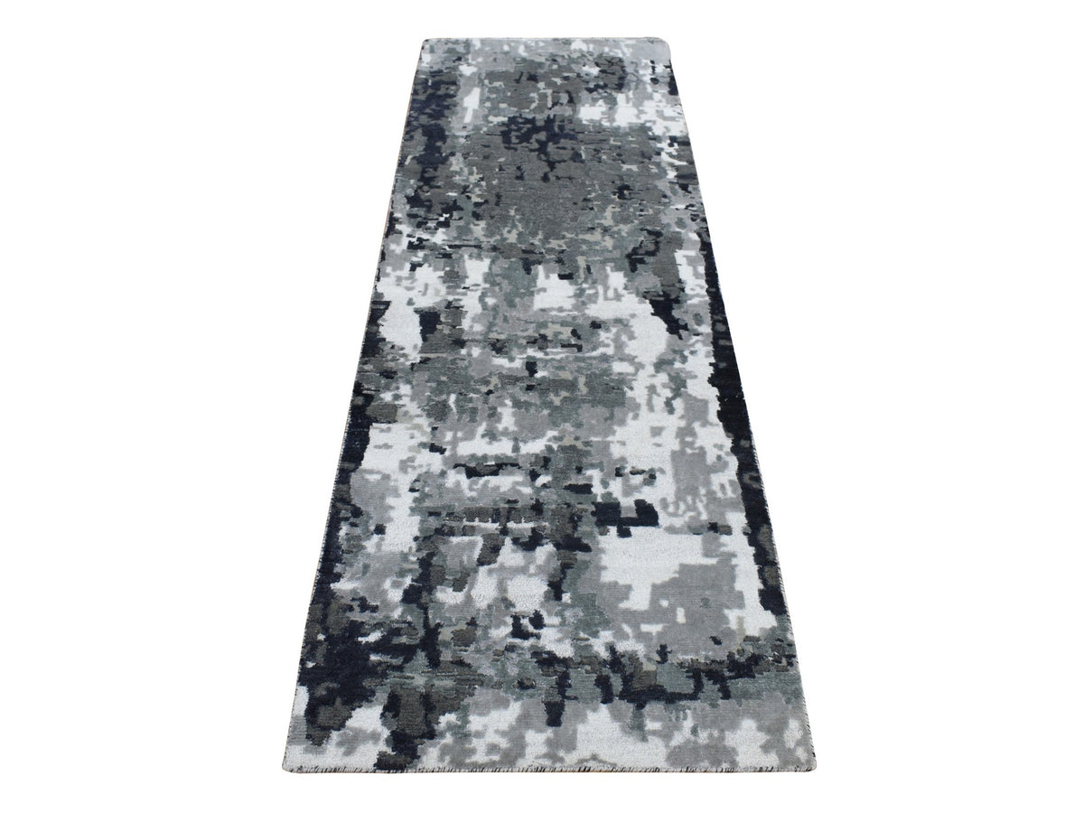 Modern / Contemporary hand-knotted wool/silk runner in Black, 2'6" x 7'7" — SKU O087209