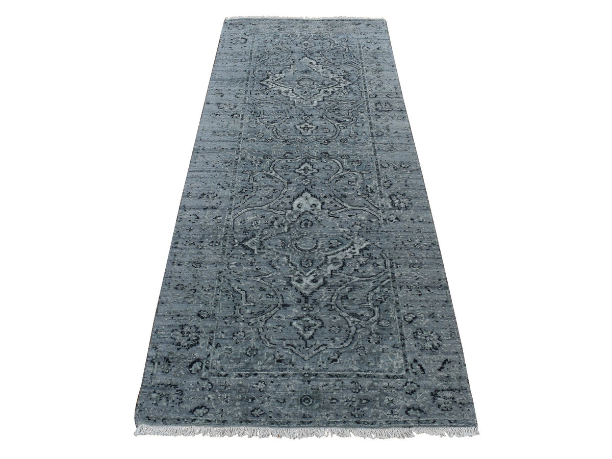 Transitional hand-knotted wool/silk runner in Gray, 2'9" x 7'10" — SKU O087212