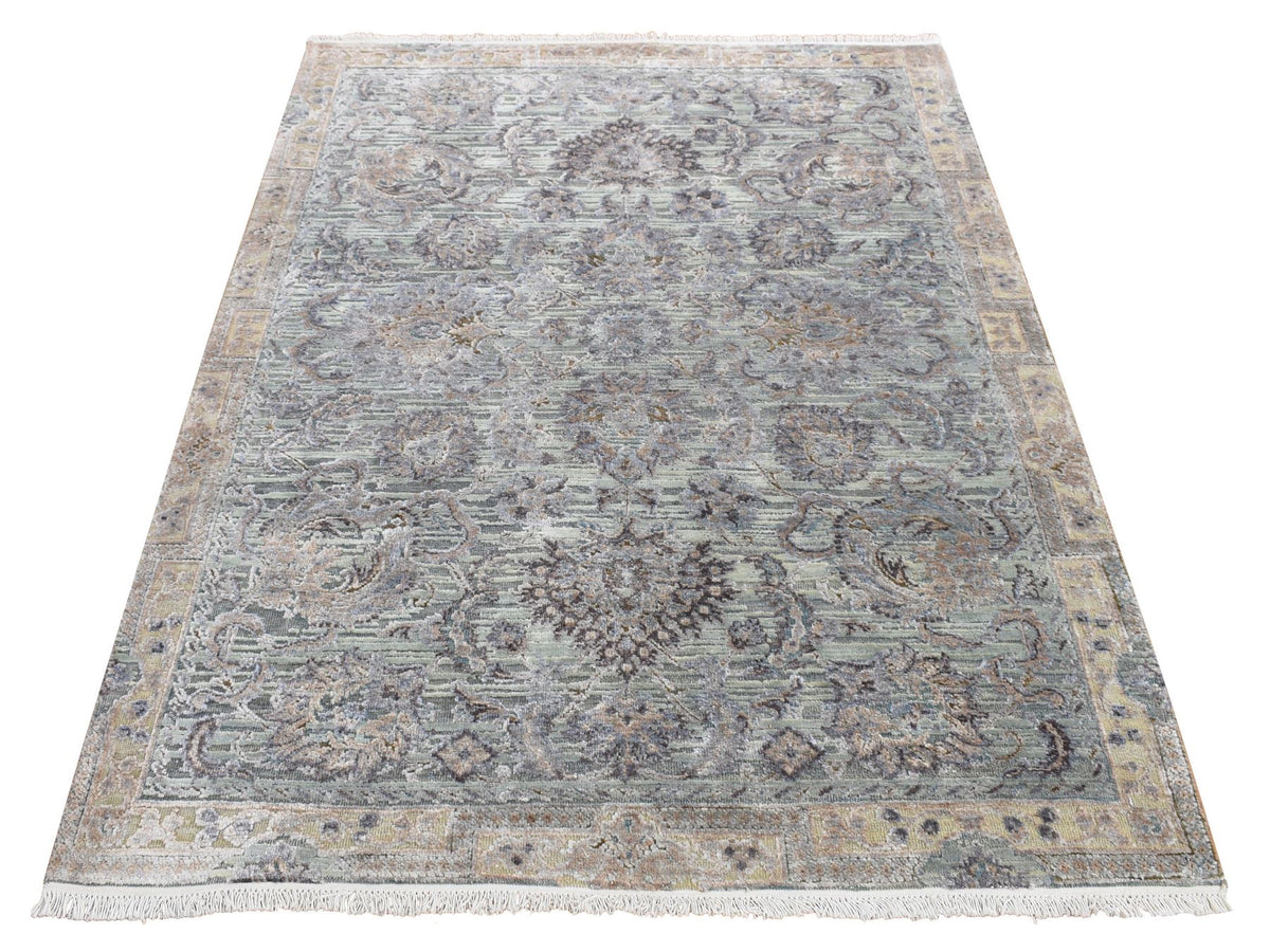 Transitional hand-knotted wool/silk rug in Green & Beige, 4'1" x 6'2" — SKU O087217