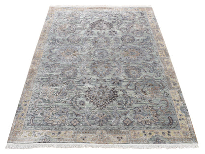 Green 4'1" x 6'2" Transitional Hand knotted Wool/Silk Rug - Sku: O087217