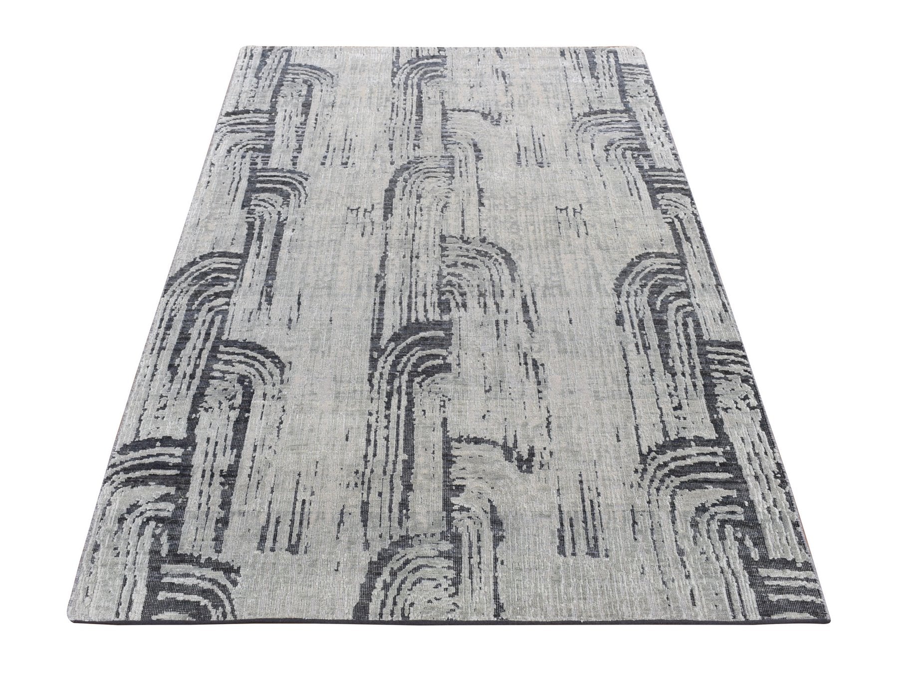 Modern / Contemporary hand-knotted wool/silk rug in Gray, 4' x 6'3" — SKU O087218