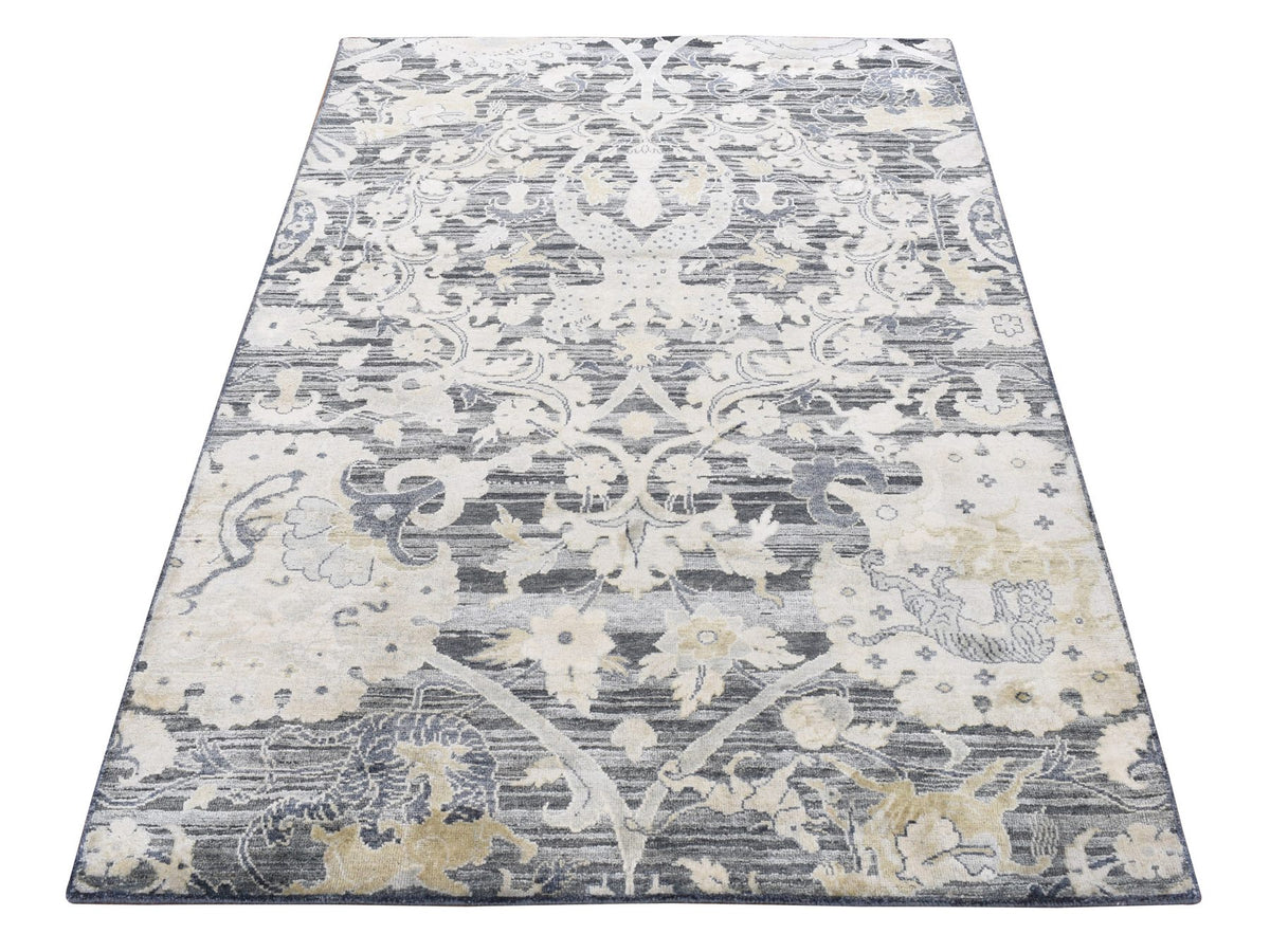 Transitional hand-knotted wool/silk rug in Gray, 4' x 6'3" — SKU O087219