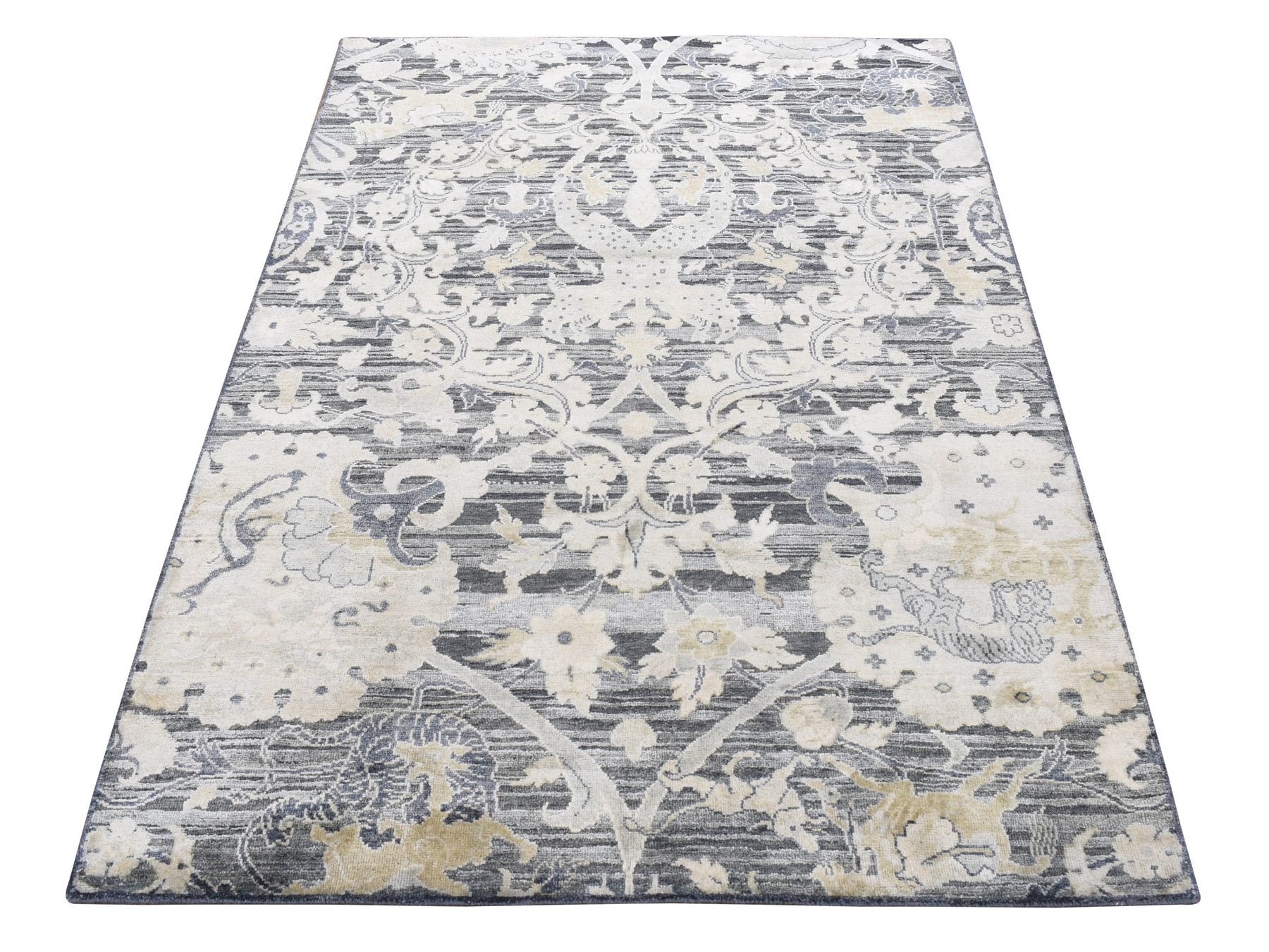 Transitional hand-knotted wool/silk rug in Gray, 4' x 6'3" — SKU O087219