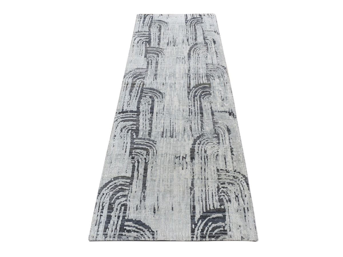 Modern / Contemporary hand-knotted wool/silk runner in Gray, 2'7" x 8' — SKU O087227