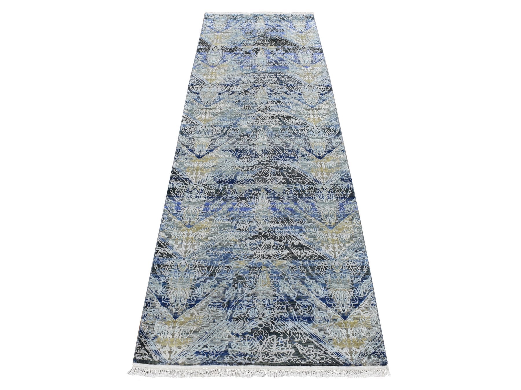 Transitional hand-knotted wool/silk runner in Blue, 2'7" x 8'3" — SKU O087238