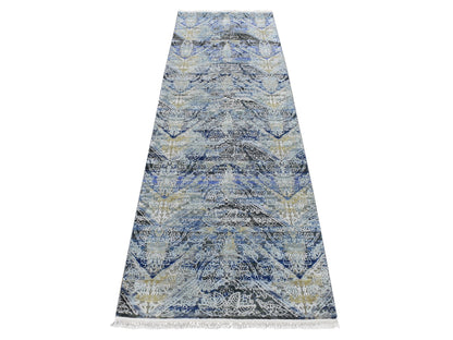 Transitional hand-knotted wool/silk runner in Blue, 2'7" x 8'3" — SKU O087238
