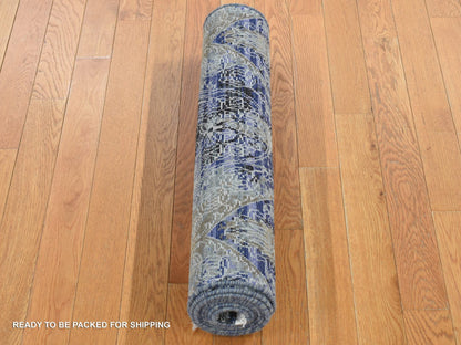 Blue 2'7" x 8'3" Transitional Hand knotted Wool/Silk Rug - Sku: O087238