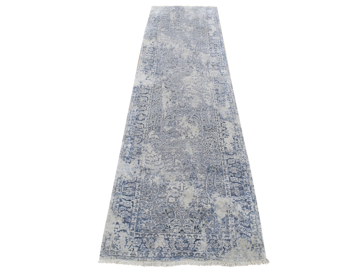 Transitional hand-knotted wool/pure silk runner in Gray, 2'5" x 10' — SKU O087240