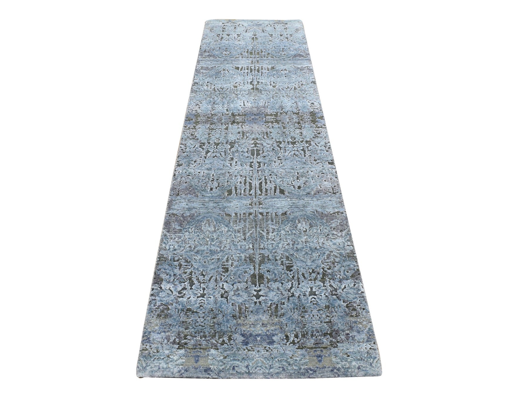 Transitional hand-knotted wool/silk runner in Gray, 2'6" x 10' — SKU O087242