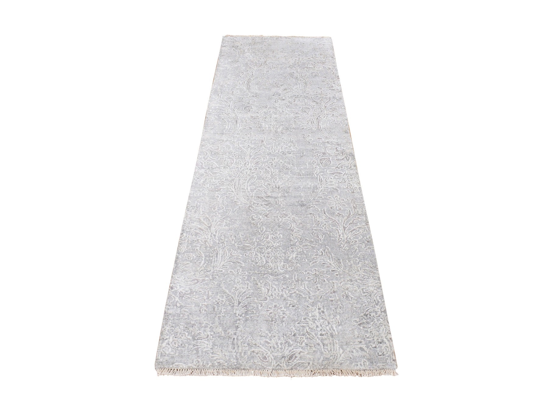Transitional hand-knotted wool/silk runner in Gray, 2'5" x 7'9" — SKU O087244