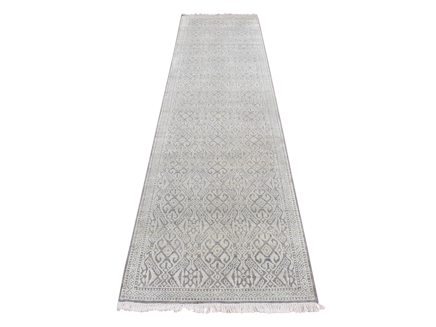 Green 2'7" x 10'4" Transitional Hand knotted Wool/Silk Rug - Sku: O087250
