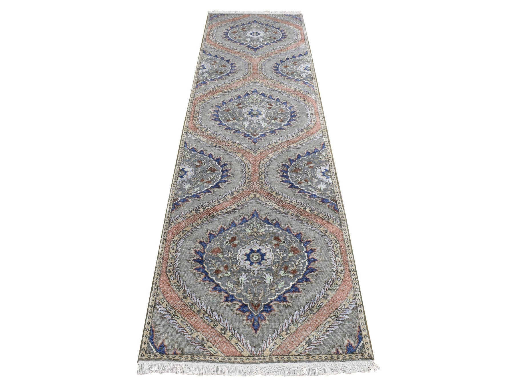 Transitional hand-knotted wool/silk runner in Gray, 2'6" x 10' — SKU O087256