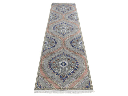 Transitional hand-knotted wool/silk runner in Gray, 2'6" x 10' — SKU O087256