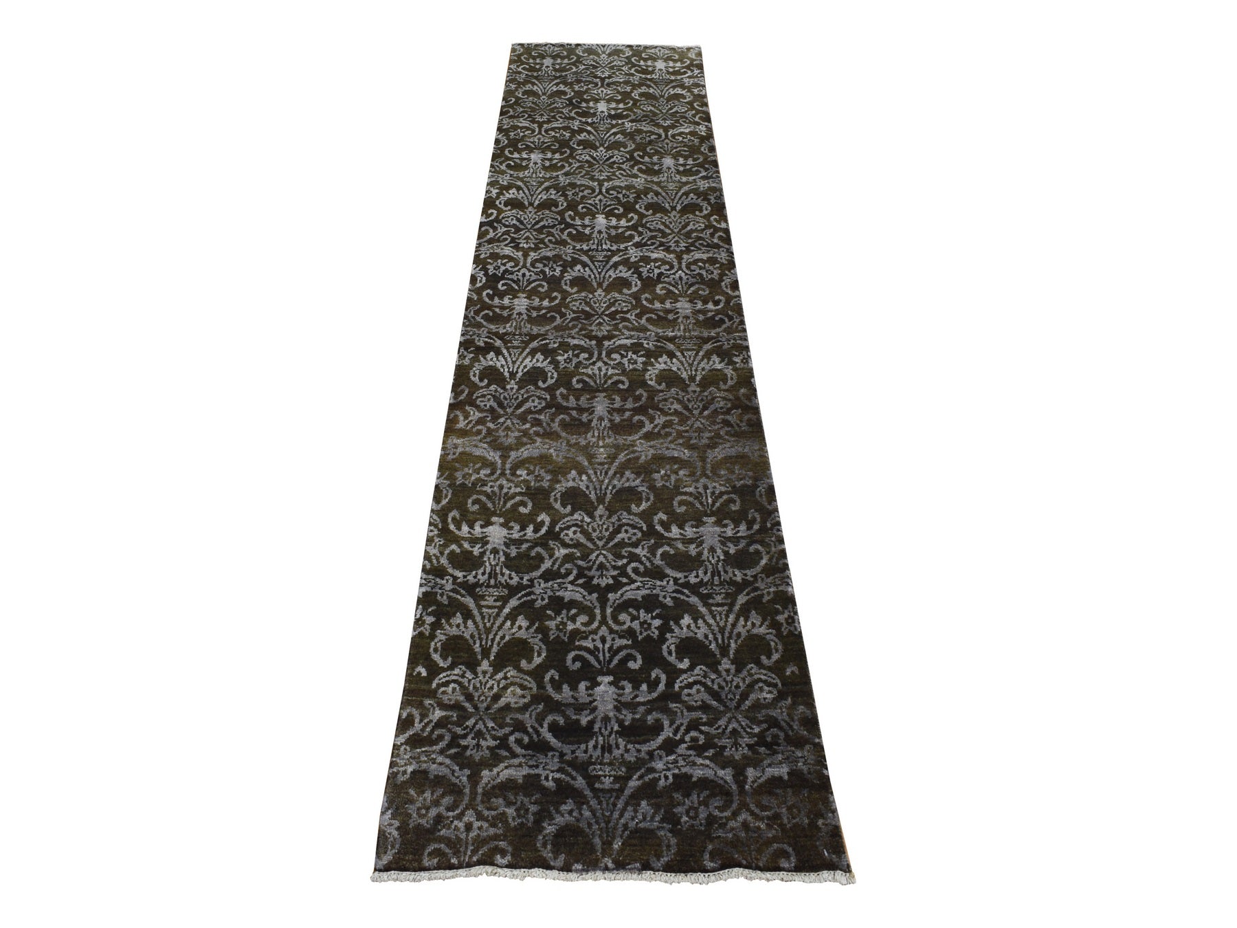 Green 2'4" x 9'8" Transitional Hand knotted Wool/Silk Rug - Sku: O087261