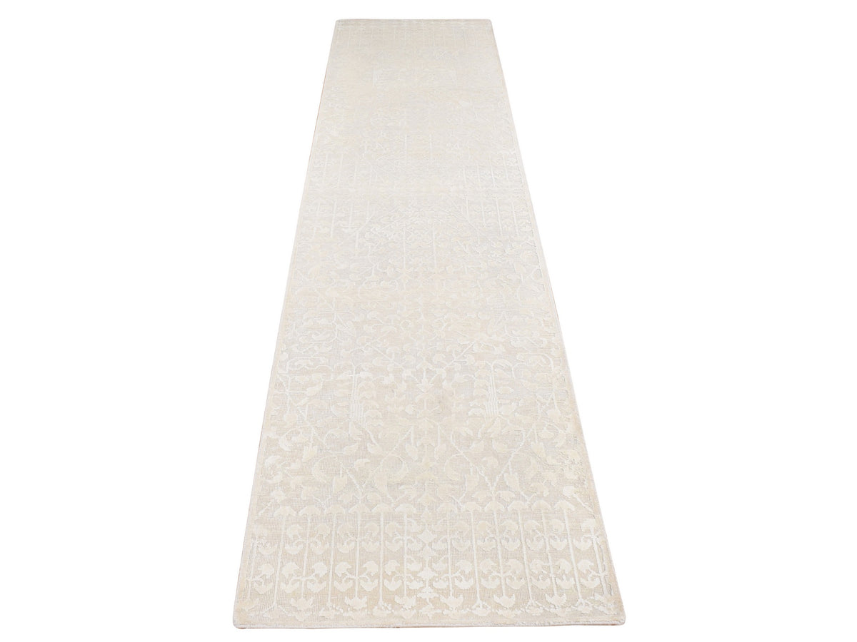 Modern / Contemporary hand-knotted wool/silk runner in Ivory, 2'6" x 10'1" — SKU O087262