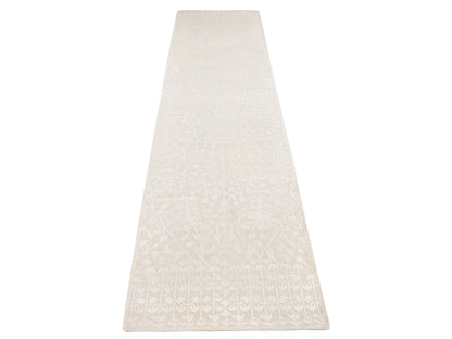 Modern / Contemporary hand-knotted wool/silk runner in Ivory, 2'6" x 10'1" — SKU O087262