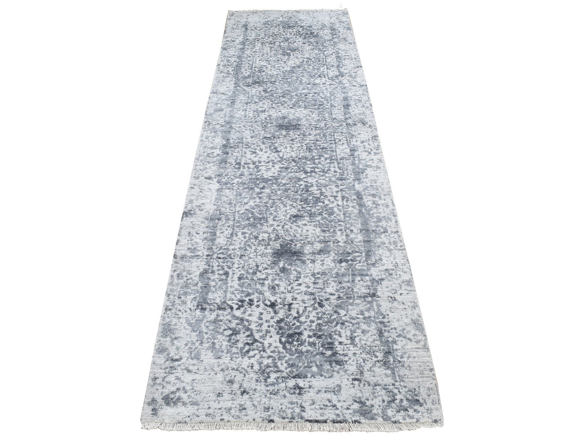 Transitional hand-knotted wool/pure silk runner in Gray, 2'8" x 10' — SKU O087269