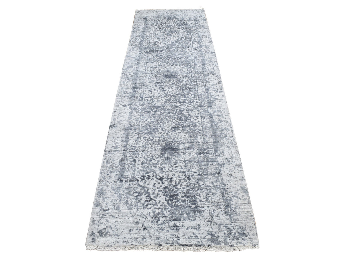 Transitional hand-knotted wool/pure silk runner in Gray, 2'8" x 10' — SKU O087270