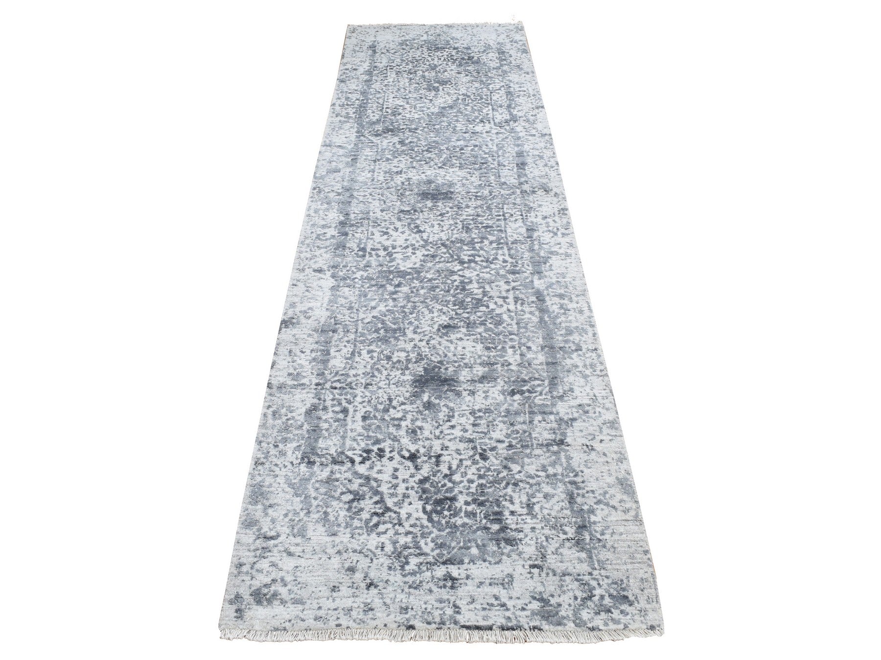 Transitional hand-knotted wool/pure silk runner in Gray, 2'8" x 10' — SKU O087270