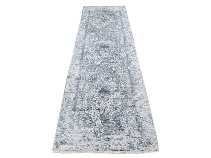 Transitional hand-knotted wool/pure silk runner in Gray, 2'8" x 10' — SKU O087270