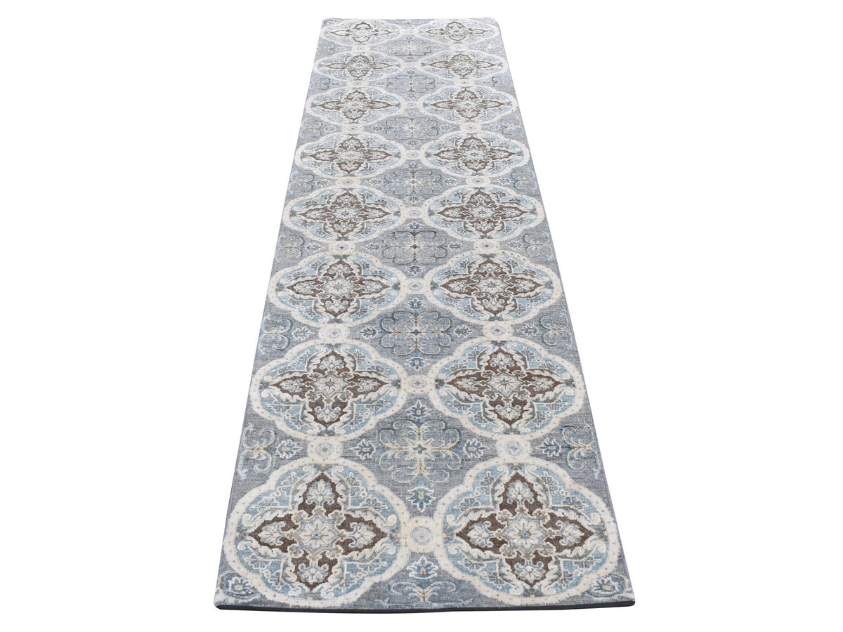 Transitional hand-knotted wool/silk runner in Gray, 2'7" x 9'10" — SKU O087276