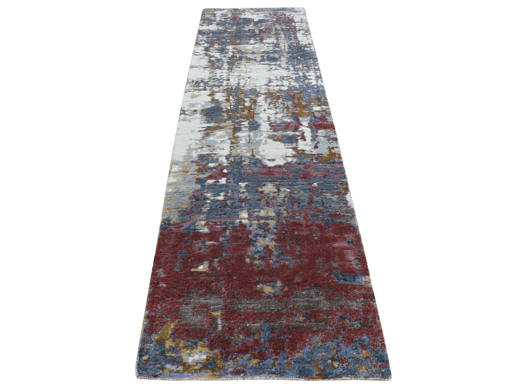 Gray 2'6" x 10'0" Modern / Contemporary Hand knotted Wool/Silk Rug - Sku: O087277