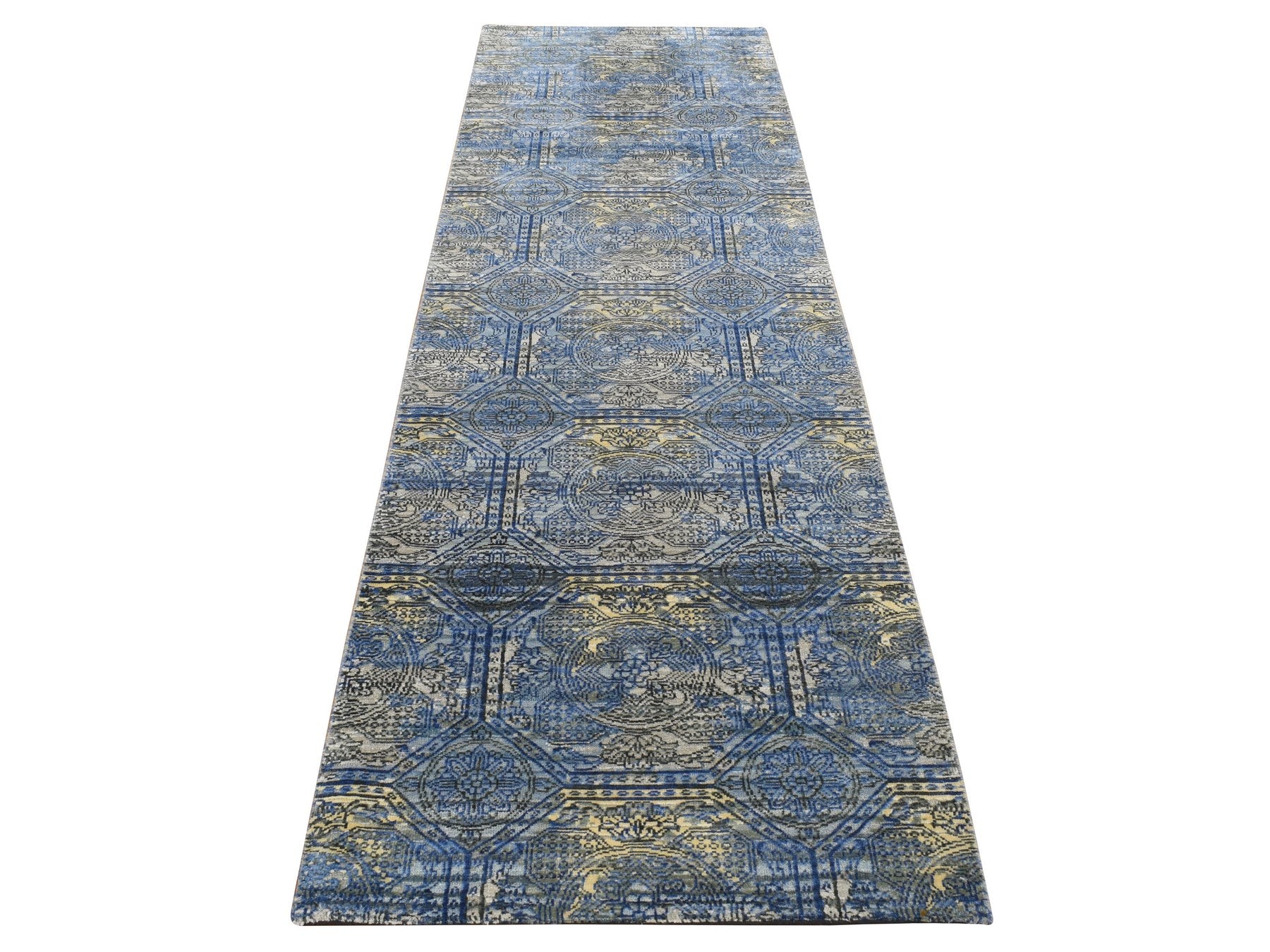 Blue 2'8" x 9'1" Modern / Contemporary Hand knotted Wool/Silk Rug - Sku: O087279