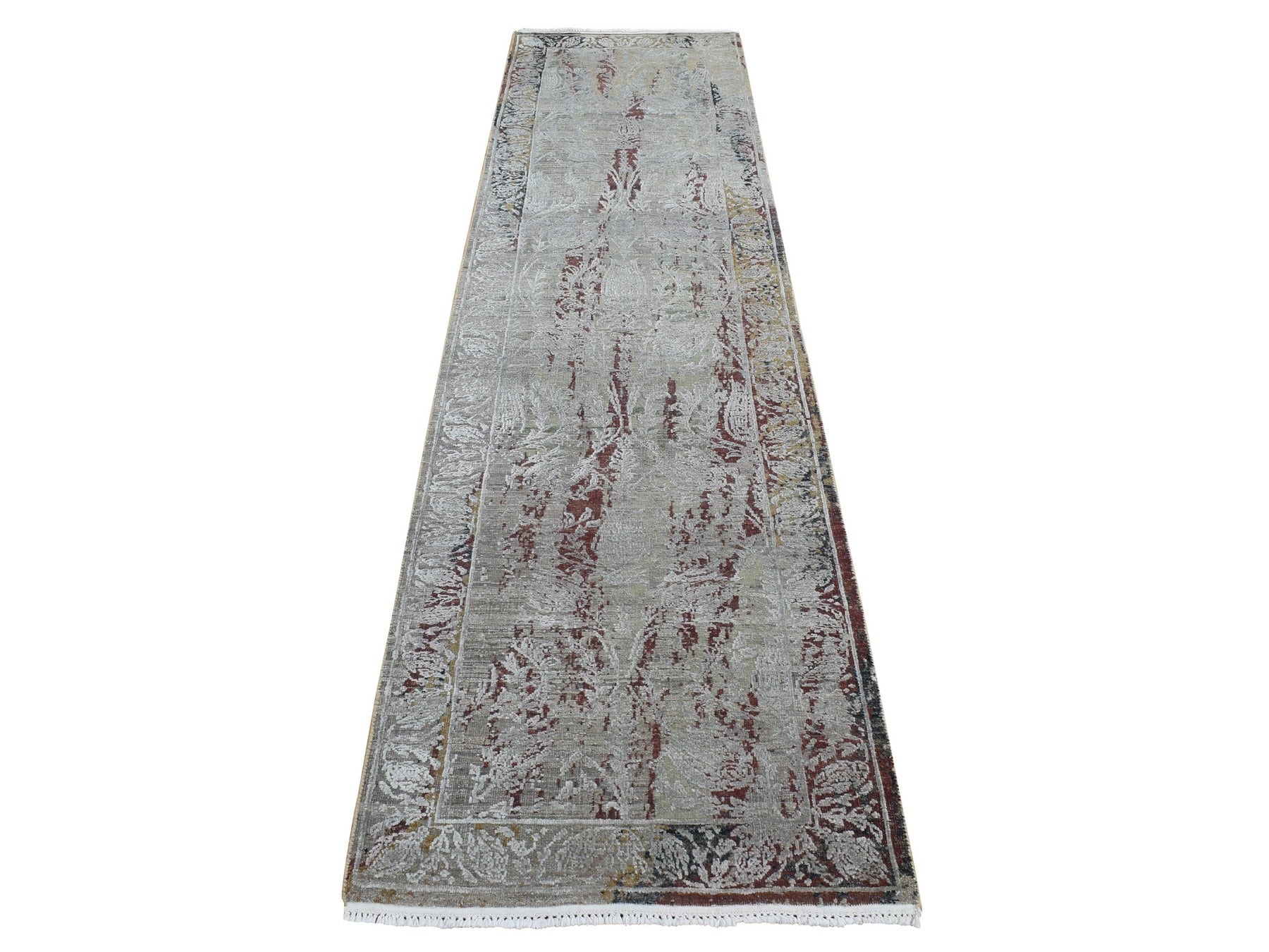 Transitional hand-knotted wool/silk runner in Gray, 2'6" x 9'10" — SKU O087283