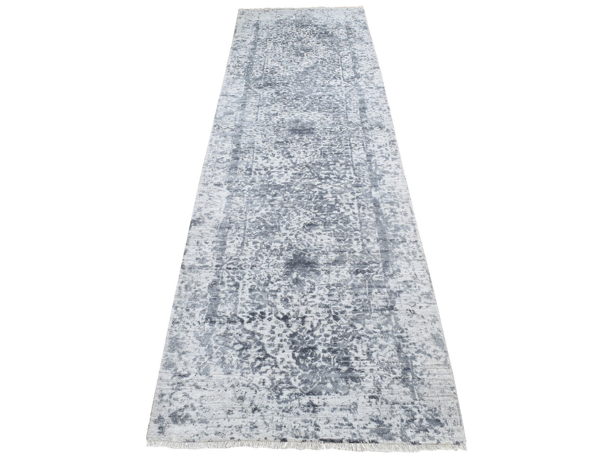 Transitional hand-knotted wool/silk runner in Gray, 2'7" x 7'10" — SKU O087291