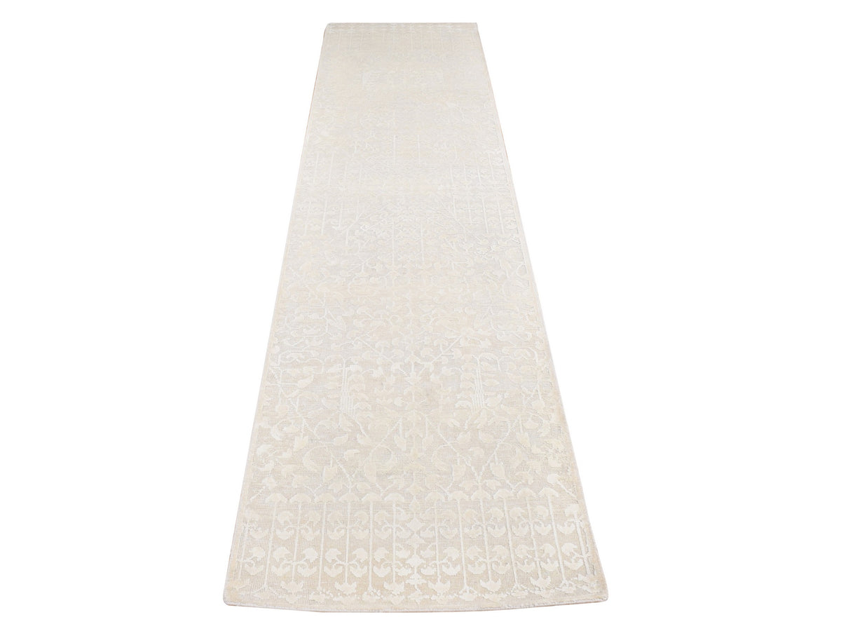 Transitional hand-knotted wool/silk runner in Ivory, 2'6" x 11'8" — SKU O087296
