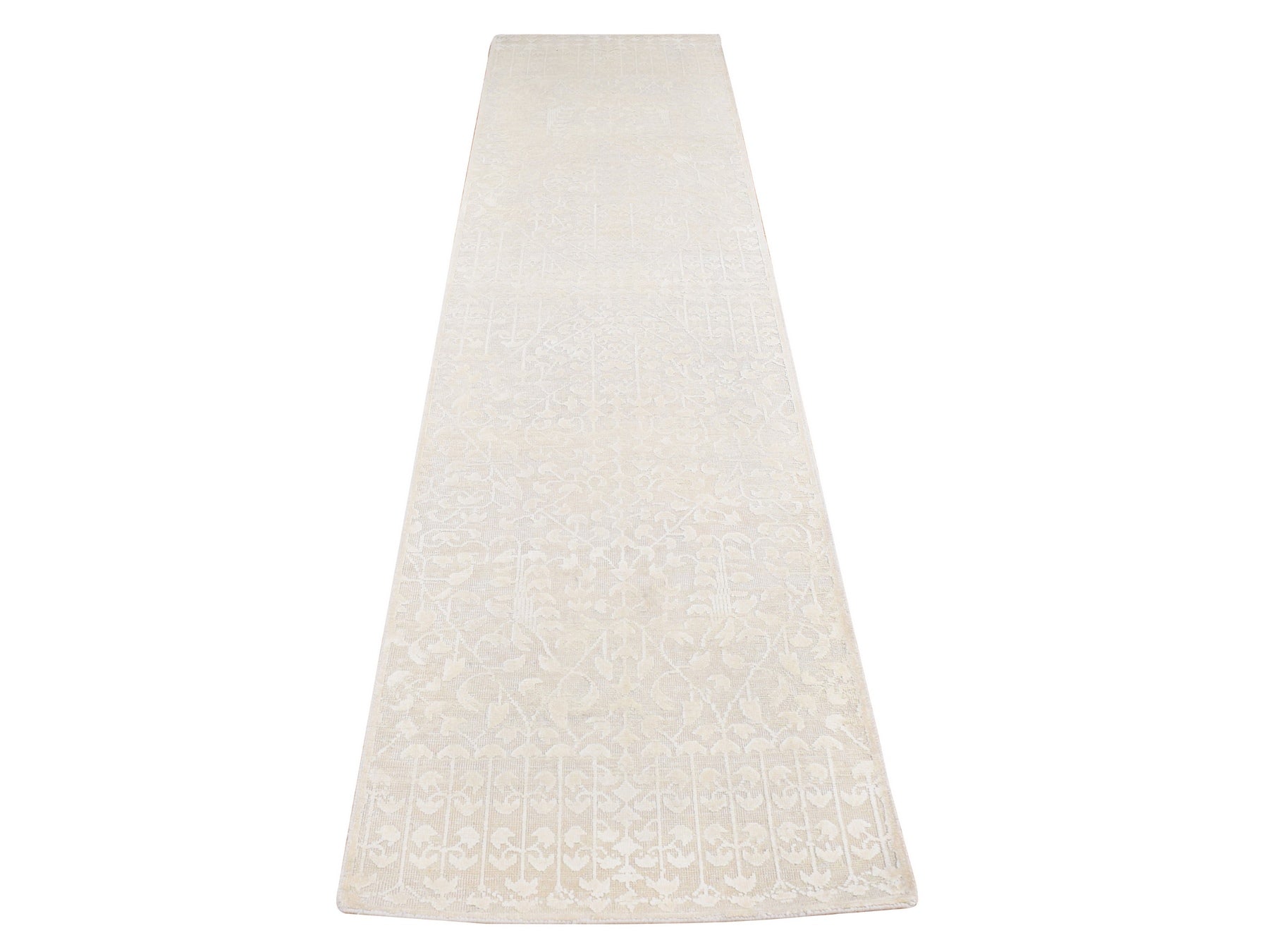 Transitional hand-knotted wool/silk runner in Ivory, 2'6" x 11'8" — SKU O087296