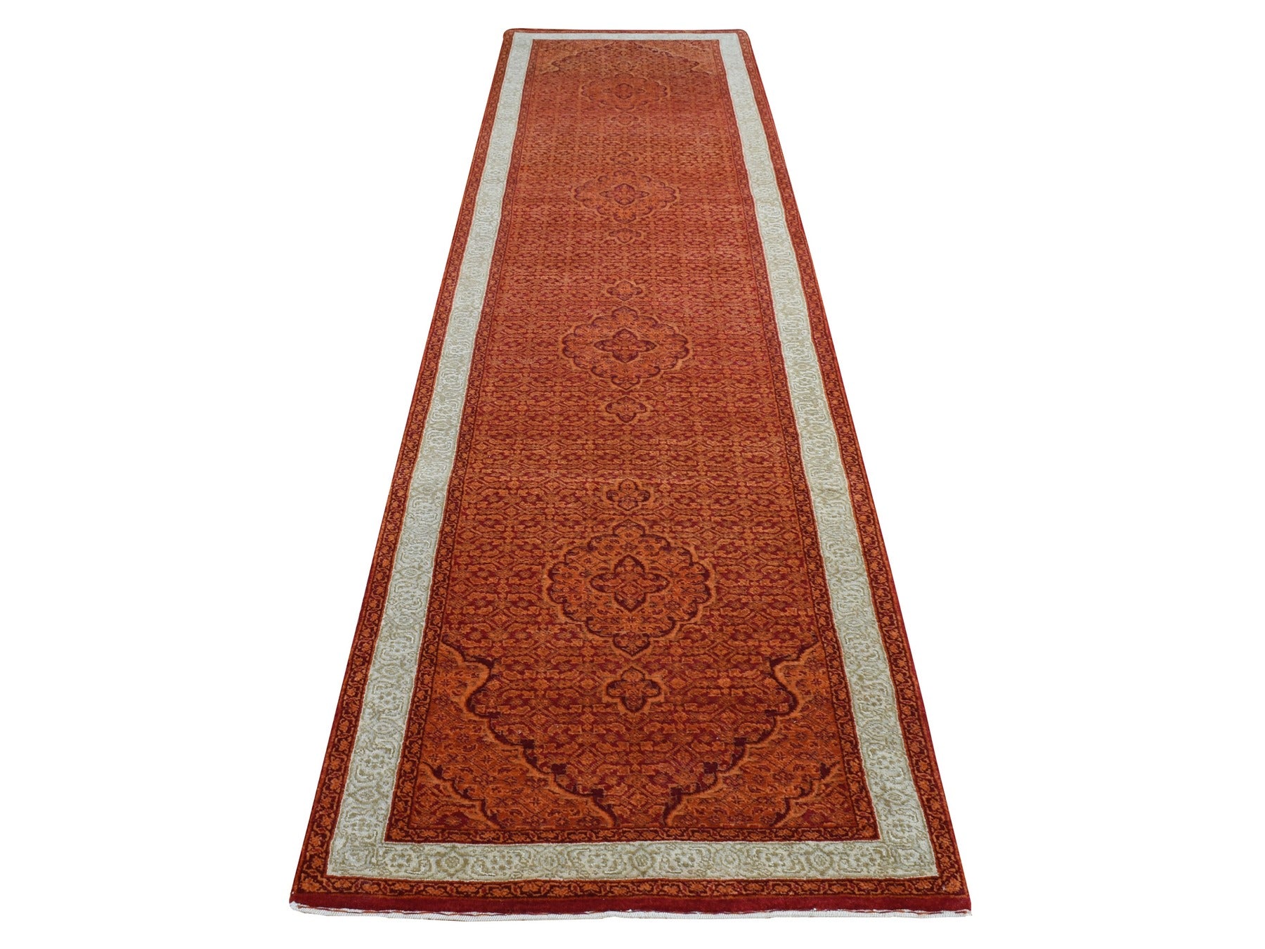 Tabriz Fine Oriental hand-knotted wool runner in Orange & Ivory, 2'9" x 11'10" — SKU O087308