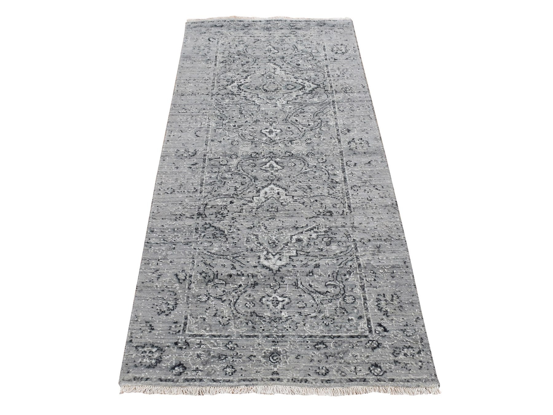 Gray 2'6" x 6'0" Transitional Hand knotted Wool/Silk Rug - Sku: O087331