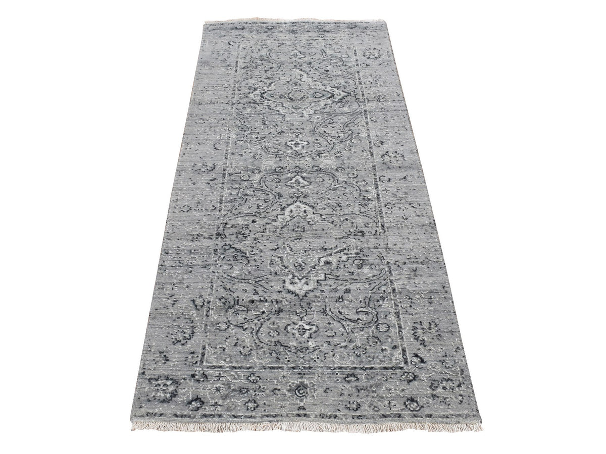 Transitional hand-knotted wool/silk runner in Gray, 2'6" x 6' — SKU O087331