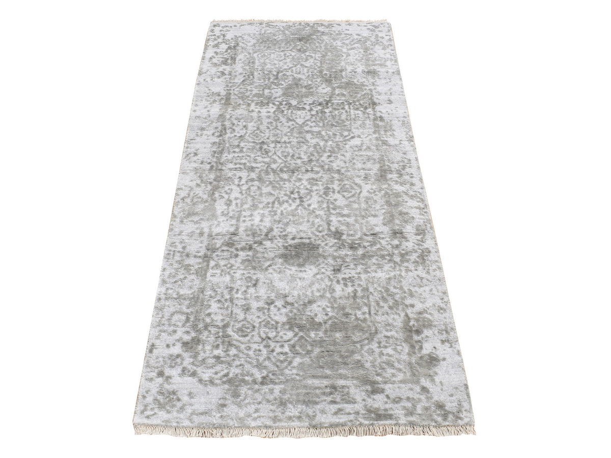 Transitional hand-knotted wool/silk runner in Gray, 2'7" x 6' — SKU O087333