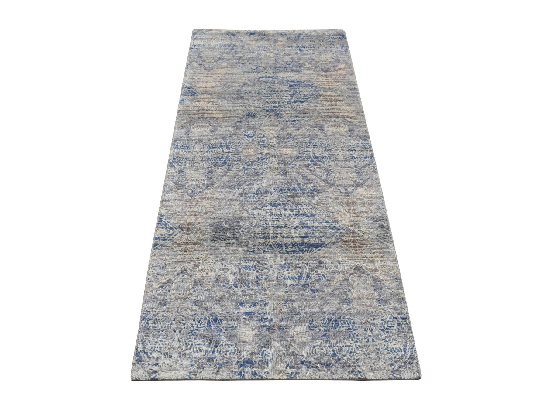 Transitional hand-knotted wool/silk runner in Blue, 2'6" x 6' — SKU O087337