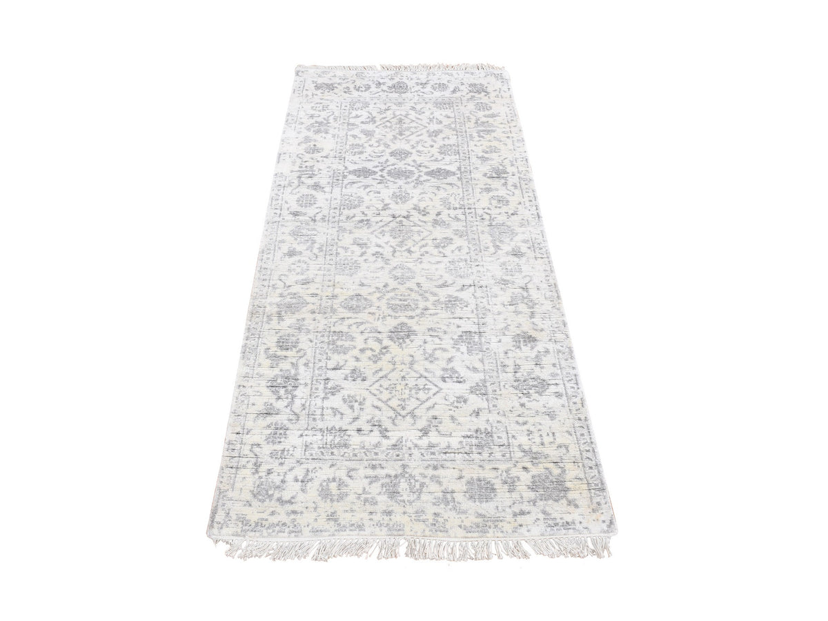 Transitional hand-knotted wool/silk runner in Ivory, 2'6" x 6' — SKU O087346