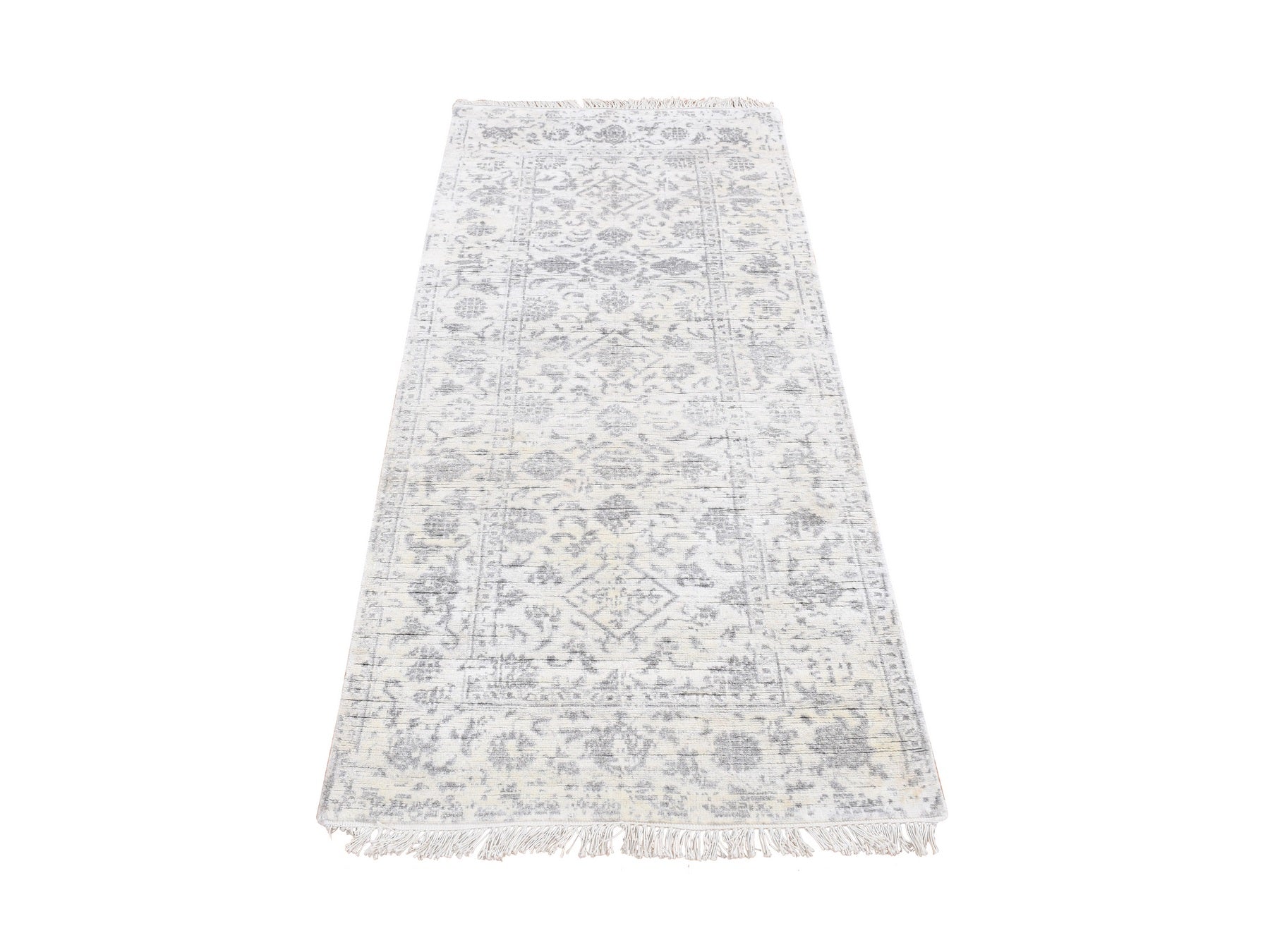 Transitional hand-knotted wool/silk runner in Ivory, 2'6" x 6' — SKU O087346