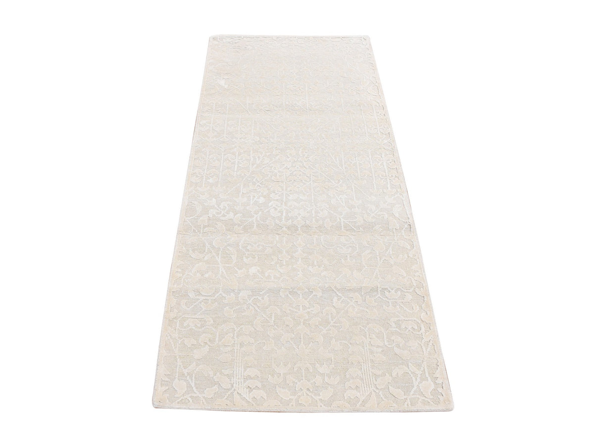 Modern / Contemporary hand-knotted wool/silk runner in Ivory, 2'5" x 6' — SKU O087348