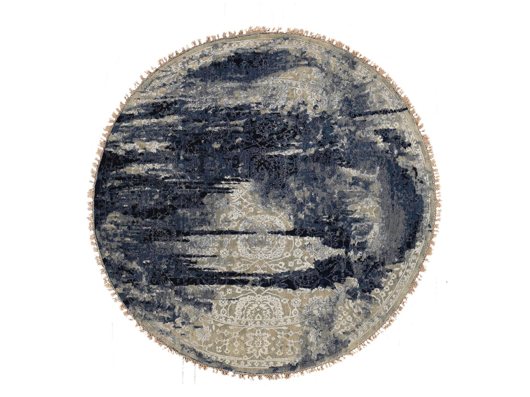 Transitional hand-knotted wool/silk rug in Blue, 7'10" x 7'10" — SKU O087367