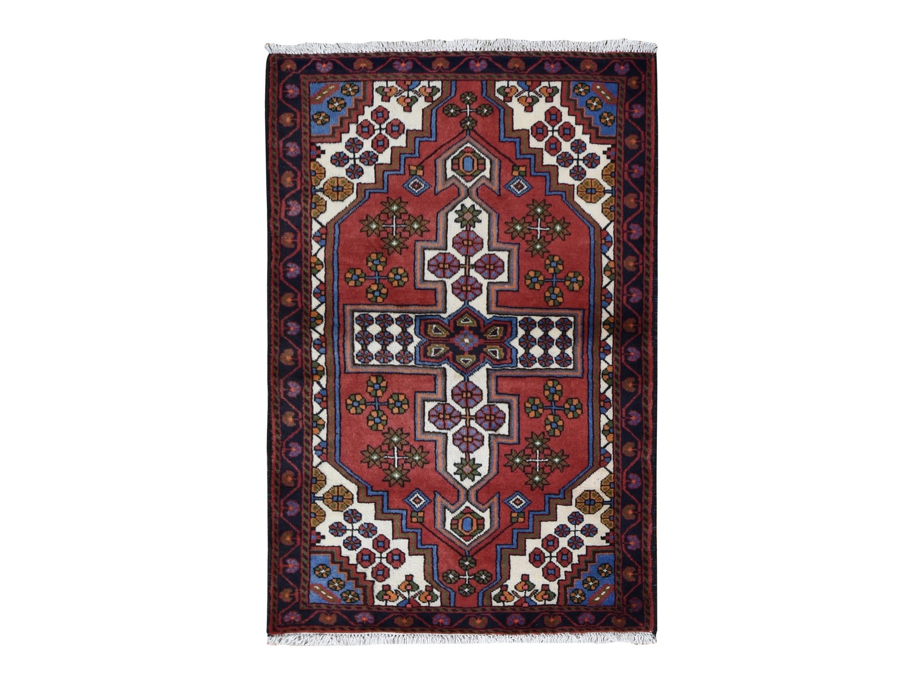 Hamadan Tribal & Geometric hand-knotted wool rug in Red & Millennium Blue, 3'5" x 5'3" — SKU O087379