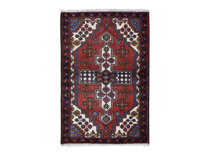 Hamadan Tribal & Geometric hand-knotted wool rug in Red & Millennium Blue, 3'5" x 5'3" — SKU O087379