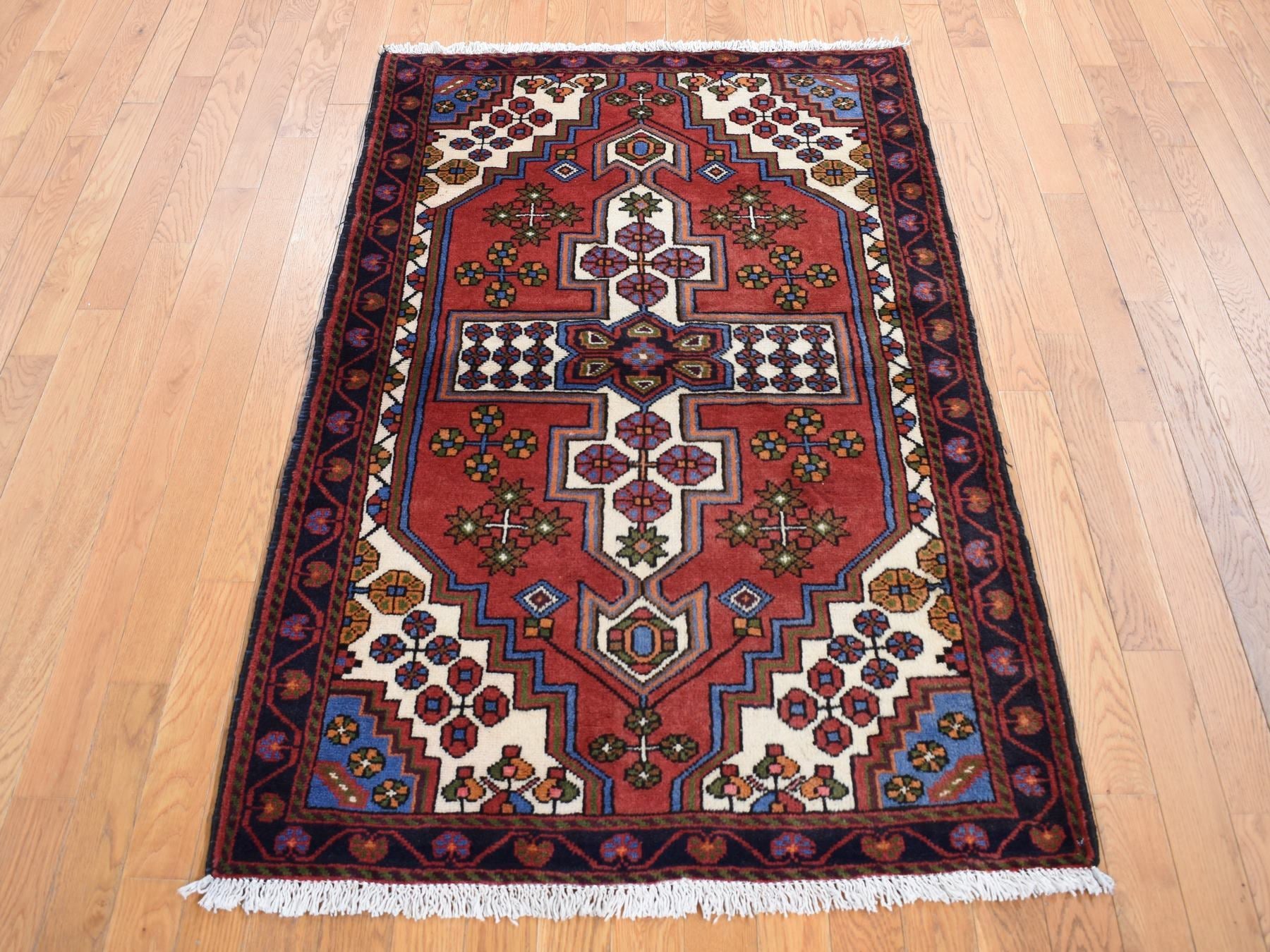 Hamadan Tribal & Geometric hand-knotted wool rug in Red & Millennium Blue, 3'5" x 5'3" — SKU O087379 (view 2)